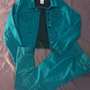 Teal Denim Jacket and Pants Set